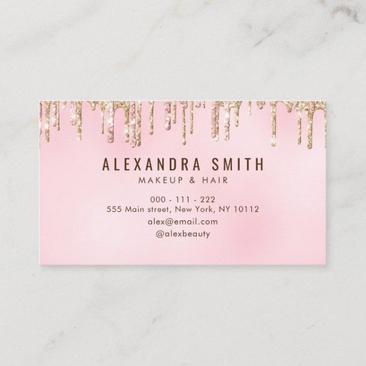 ピンクと金ゴールドのグリッタードリップスクリプトのメイクアップ 名刺 (裏面)