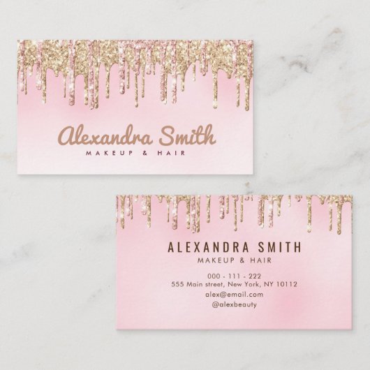 ピンクと金ゴールドのグリッタードリップスクリプトのメイクアップ 名刺 (正面/裏面)