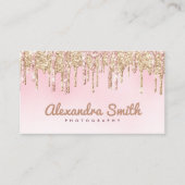 ピンクと金ゴールドのグリッタードリップスクリプト写真 名刺 (正面)