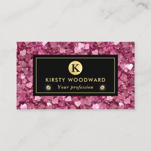 ピンクと金ゴールドのグリッターハートパターン 名刺 (正面)