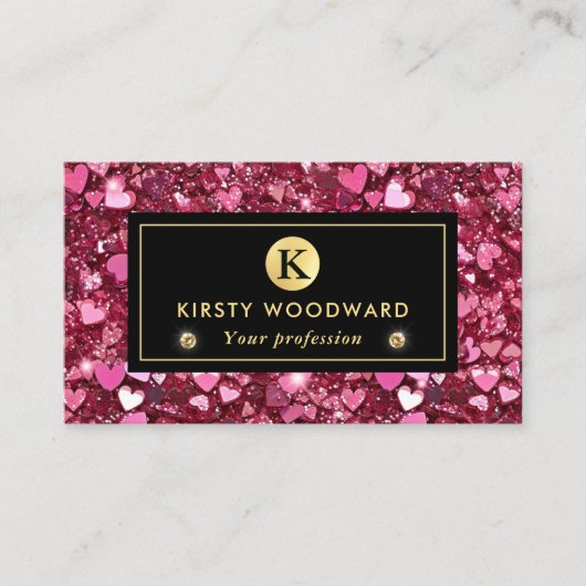 ピンクと金ゴールドのグリッターハートパターン 名刺 (正面)