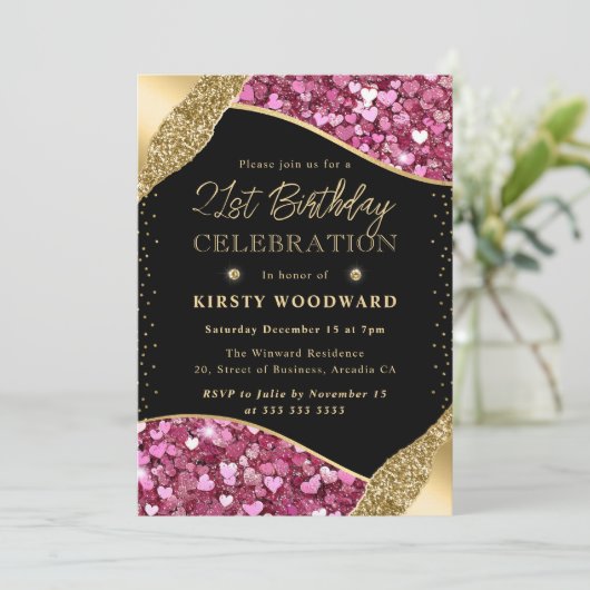ピンクと金ゴールドのグリッターハート21日 招待状 (スタンド正面)