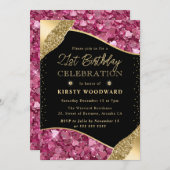 ピンクと金ゴールドのグリッターハート21日 招待状 (正面/裏面)