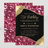 ピンクと金ゴールドのグリッターハート21日 招待状 (正面/裏面)
