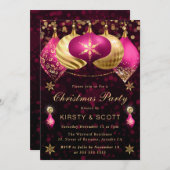 ピンクと金ゴールドのグリッターバウブルクリスマスパーティー 招待状 (正面/裏面)