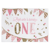 ピンクと金ゴールドのグリッターバナーファースト誕生日 ラージペーパーバッグ (裏面)