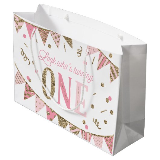 ピンクと金ゴールドのグリッターバナーファースト誕生日 ラージペーパーバッグ (裏面アングル)