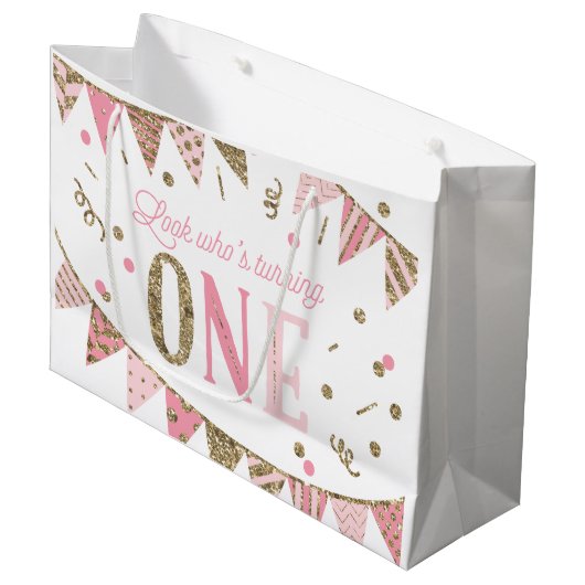 ピンクと金ゴールドのグリッターバナーファースト誕生日 ラージペーパーバッグ (正面アングル)