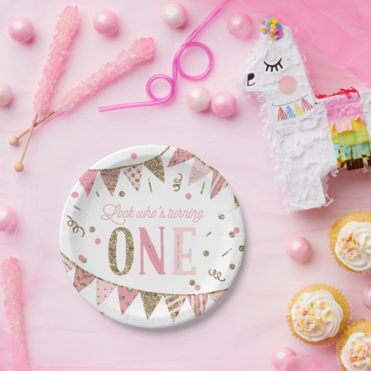 ピンクと金ゴールドのグリッターバナー最初の誕生日 ペーパープレート (パーティー)