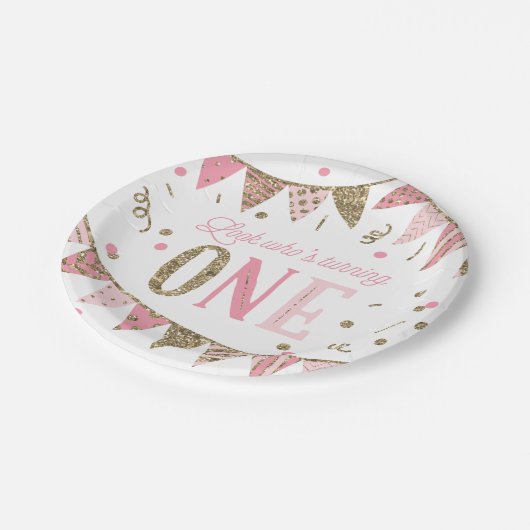 ピンクと金ゴールドのグリッターバナー最初の誕生日 ペーパープレート (アングル)