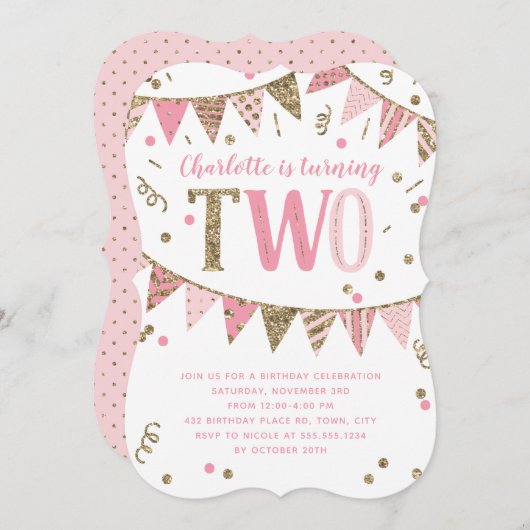 ピンクと金ゴールドのグリッターバナー第2バースデーパーティー 招待状 (正面/裏面)