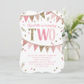 ピンクと金ゴールドのグリッターバナー第2バースデーパーティー 招待状 (スタンド正面)