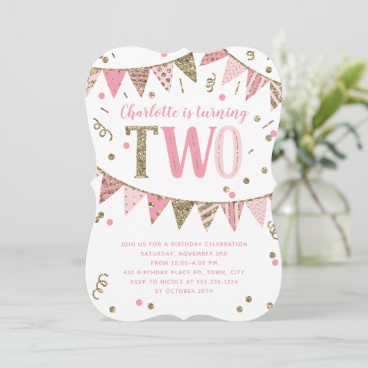 ピンクと金ゴールドのグリッターバナー第2バースデーパーティー 招待状 (スタンド正面)