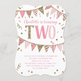 ピンクと金ゴールドのグリッターバナー第2バースデーパーティー 招待状