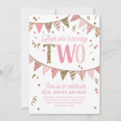 ピンクと金ゴールドのグリッターバナー第2バースデーパーティー 招待状 (正面)