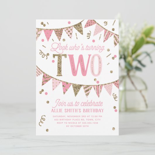 ピンクと金ゴールドのグリッターバナー第2バースデーパーティー 招待状 (スタンド正面)