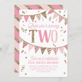 ピンクと金ゴールドのグリッターバナー第2バースデーパーティー 招待状