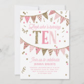 ピンクと金ゴールドのグリッターバナー10th誕生日パーティー 招待状 (正面)