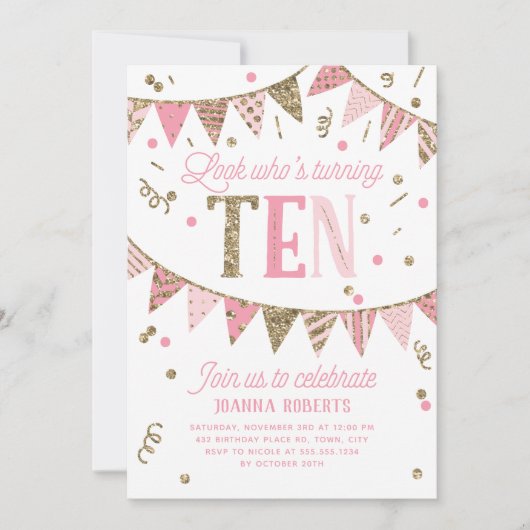 ピンクと金ゴールドのグリッターバナー10th誕生日パーティー 招待状 (正面)