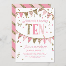 ピンクと金ゴールドのグリッターバナー10th誕生日パーティー 招待状