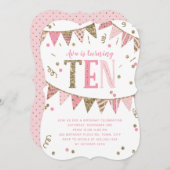 ピンクと金ゴールドのグリッターバナー10th誕生日パーティー 招待状 (正面/裏面)