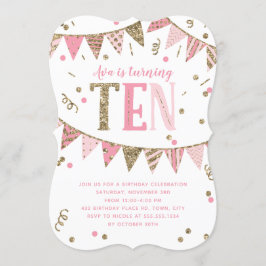 ピンクと金ゴールドのグリッターバナー10th誕生日パーティー 招待状