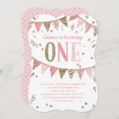 ピンクと金ゴールドのグリッターバナー1st誕生日パーティー 招待状 (正面/裏面)