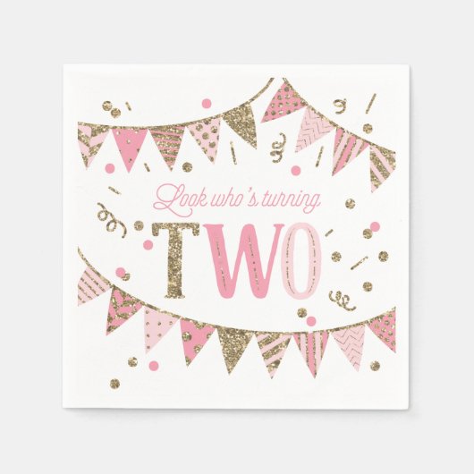 ピンクと金ゴールドのグリッターバナー2nd誕生日 スタンダードカクテルナプキン (正面)