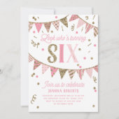 ピンクと金ゴールドのグリッターバナー6回目の誕生日パーティー 招待状 (正面)