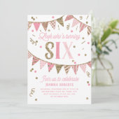 ピンクと金ゴールドのグリッターバナー6回目の誕生日パーティー 招待状 (スタンド正面)