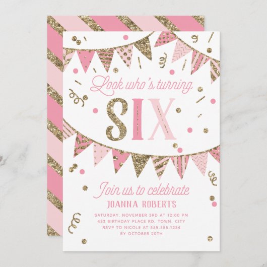 ピンクと金ゴールドのグリッターバナー6回目の誕生日パーティー 招待状 (正面/裏面)