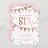 ピンクと金ゴールドのグリッターバナー6回目の誕生日パーティー 招待状 (正面/裏面)