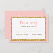 ピンクと金ゴールドのグリッターバルミツワー返信 出欠カード (正面/裏面)