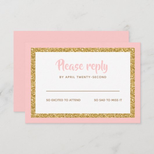 ピンクと金ゴールドのグリッターバルミツワー返信 出欠カード (正面/裏面)
