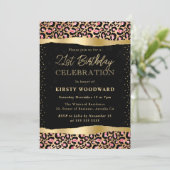 ピンクと金ゴールドのグリッターヒョウの斑点21歳の誕生日 招待状 (スタンド正面)