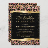 ピンクと金ゴールドのグリッターヒョウの斑点21歳の誕生日 招待状 (正面/裏面)