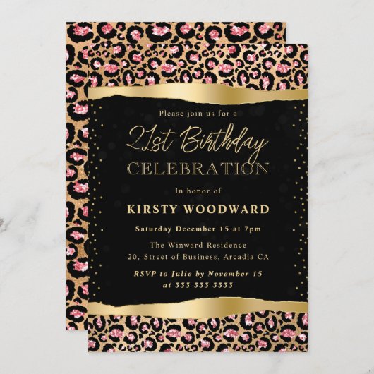ピンクと金ゴールドのグリッターヒョウの斑点21歳の誕生日 招待状 (正面/裏面)