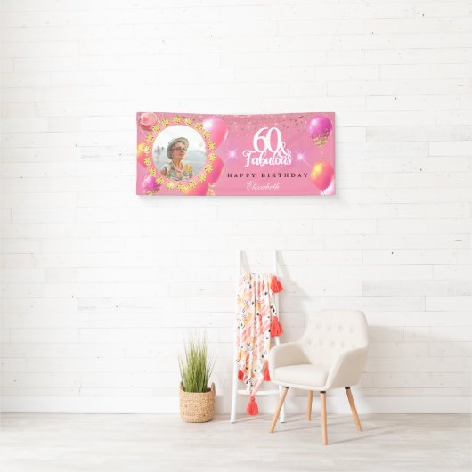 ピンクと金ゴールドのグリッターファブ60th誕生日パーティー 横断幕 (インサイチュ)
