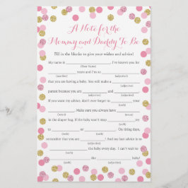 ピンクと金ゴールドのグリッターベビーシャワーアドバイスゲームカード