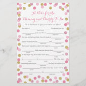 ピンクと金ゴールドのグリッターベビーシャワーアドバイスゲームカード (正面)