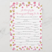 ピンクと金ゴールドのグリッターベビーシャワーアドバイスゲームカード (正面/裏面)