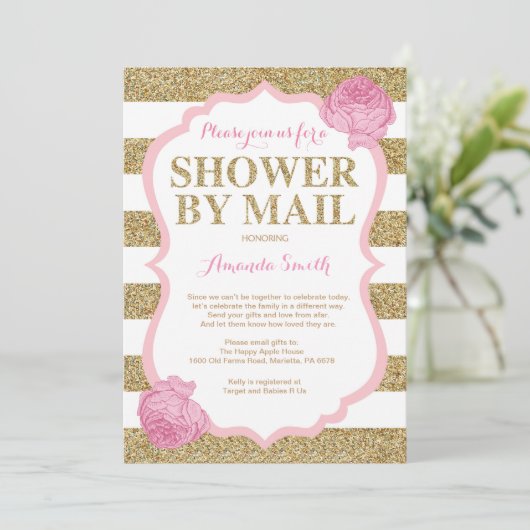 ピンクと金ゴールドのグリッターベビーシャワーby Mail 招待状 (スタンド正面)