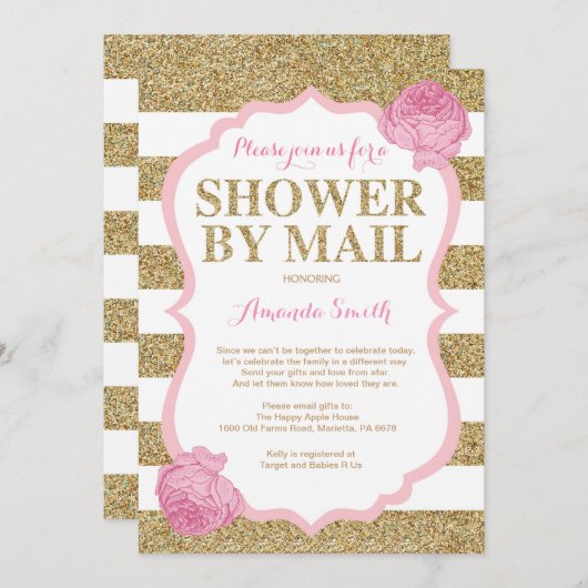 ピンクと金ゴールドのグリッターベビーシャワーby Mail 招待状 (正面/裏面)