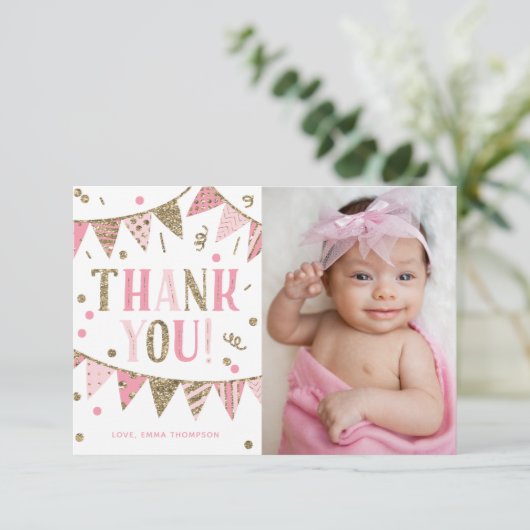 ピンクと金ゴールドのグリッター写真誕生日ありがとう サンキューカード (スタンド正面)