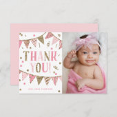 ピンクと金ゴールドのグリッター写真誕生日ありがとう サンキューカード (正面/裏面)