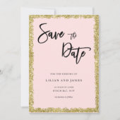 ピンクと金ゴールドのグリッター日付を保存 招待状 (正面)