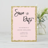 ピンクと金ゴールドのグリッター日付を保存 招待状 (スタンド正面)