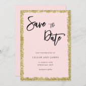 ピンクと金ゴールドのグリッター日付を保存 招待状 (正面/裏面)