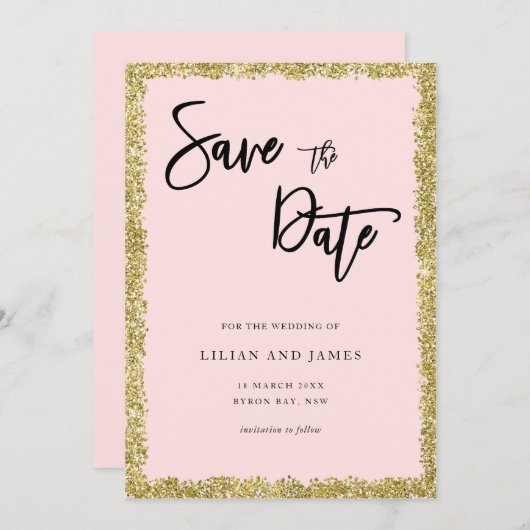 ピンクと金ゴールドのグリッター日付を保存 招待状 (正面/裏面)