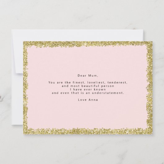 ピンクと金ゴールドのグリッター私の母にローカード 招待状 (裏面)
